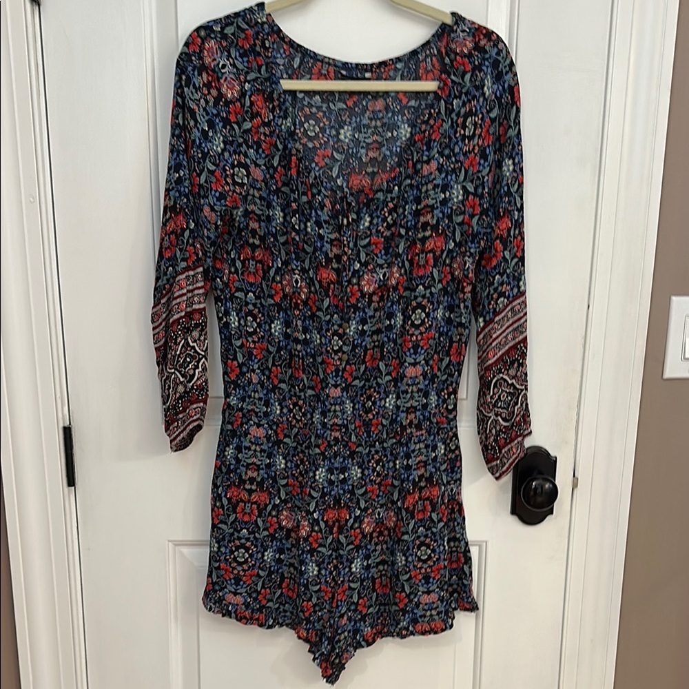 American Eagle Outfitters Asymmetrical Blue and Red Romper